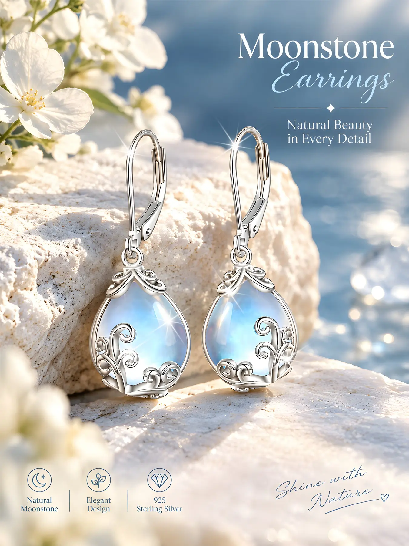 Elegant Sexy 925 Sterling Silver Water Drop Moonstone Dangle Teardrop Earrings for Women, Dangling Earrings, Fashion Jewelry for Daily Wear, Ladies' Ear Accessories, Versatile Earrings, High Quality Earrings, Unique Earrings, Unique Design Earrings