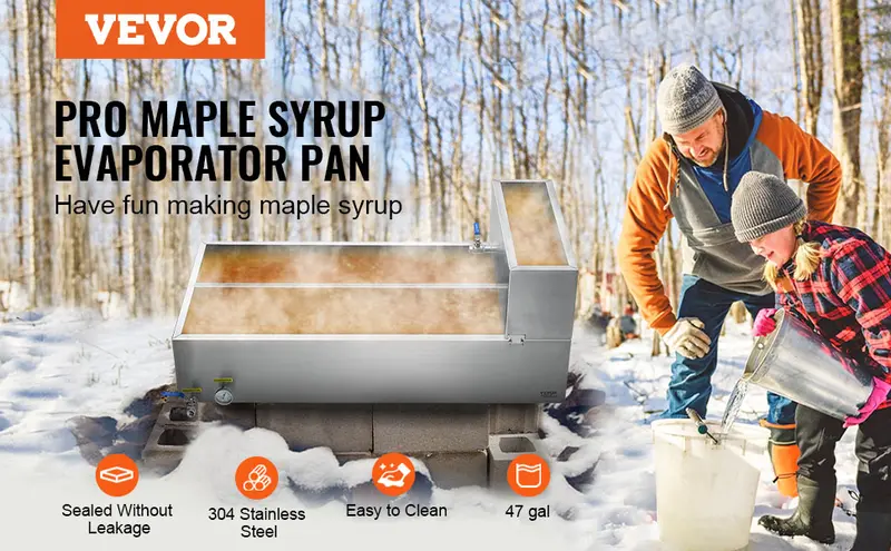 【toolupgrade】Maple Syrup Evaporator Pan, 47 Gallon, 683 Cups of 8.8oz Maple Syrup, Flat Evaporator Pan with Thermometer, 2 Valves and 3 Heating Methods, 304 Stainless Steel Maple Syrup Pan for Home, Outdoor