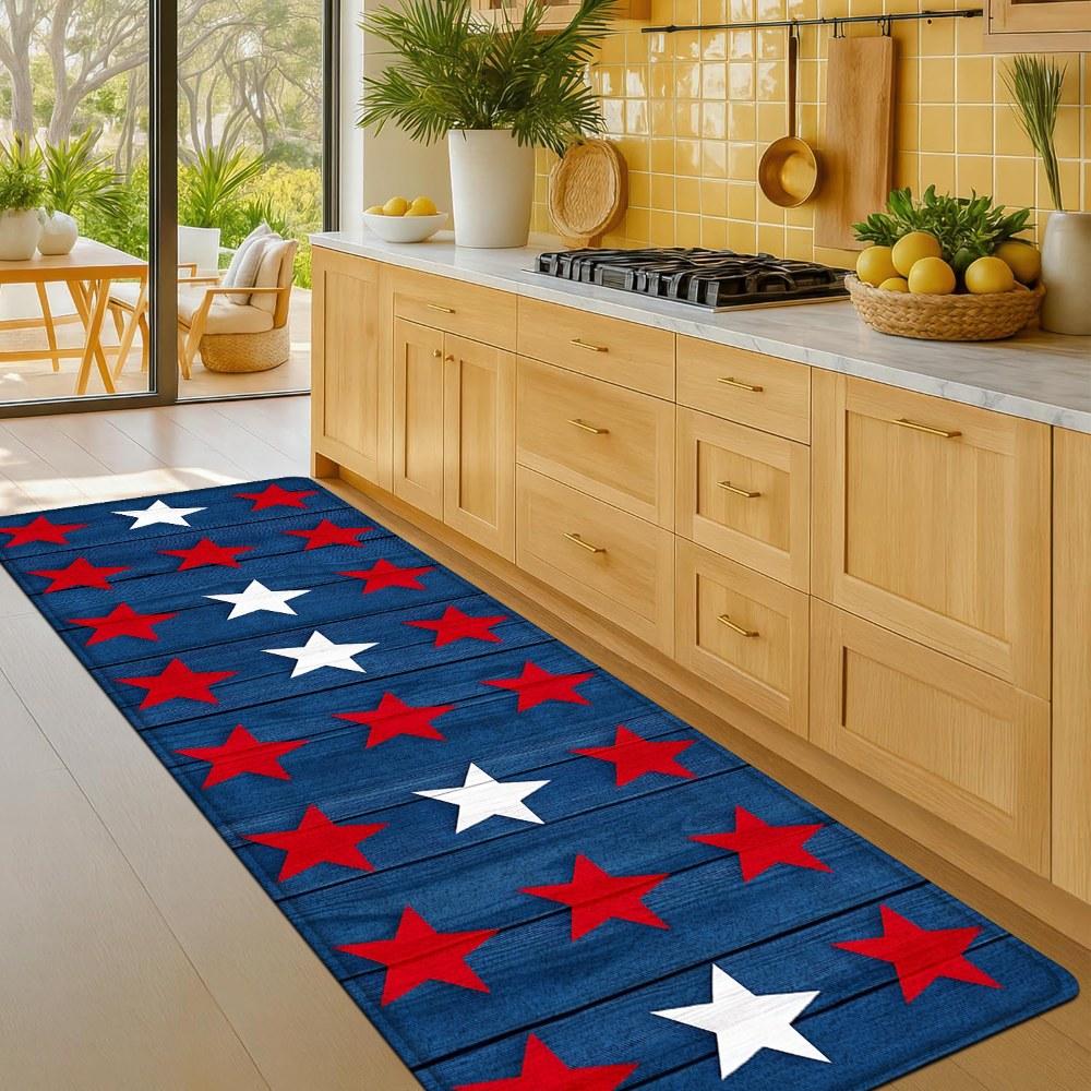 1PC， Red and White Stars on Blue Background Patterned strip rugs, home décor, bathroom mats, entryway mats, bathroom non-slip mats, indoor entrance rugs, bedroom bedside mats, kitchen mats, hallway rugs, flannel sponge rugs, hallway runner rugs