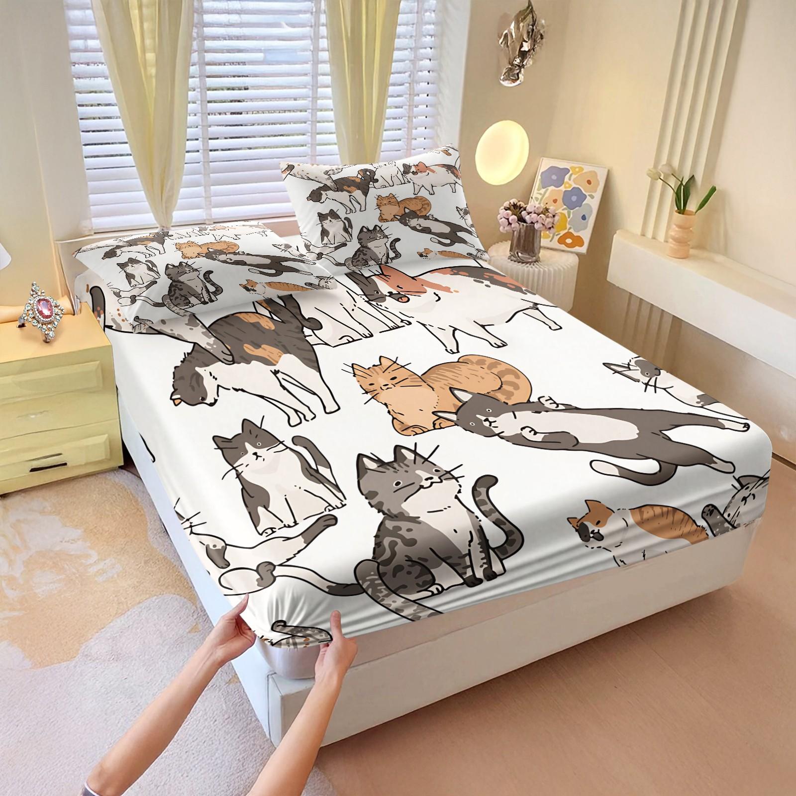 3Pcs Funny Cute Cat Digital Print Fitted Sheet Set, Cartoon Kitten Themed Bed Sheet Set, Soft Breathable Microfiber Bedding, Non-Slip All-Around Elastic, Perfect for Cat Lovers Bedroom, Guest Room, Dorm, Year-Round Use - No Filling