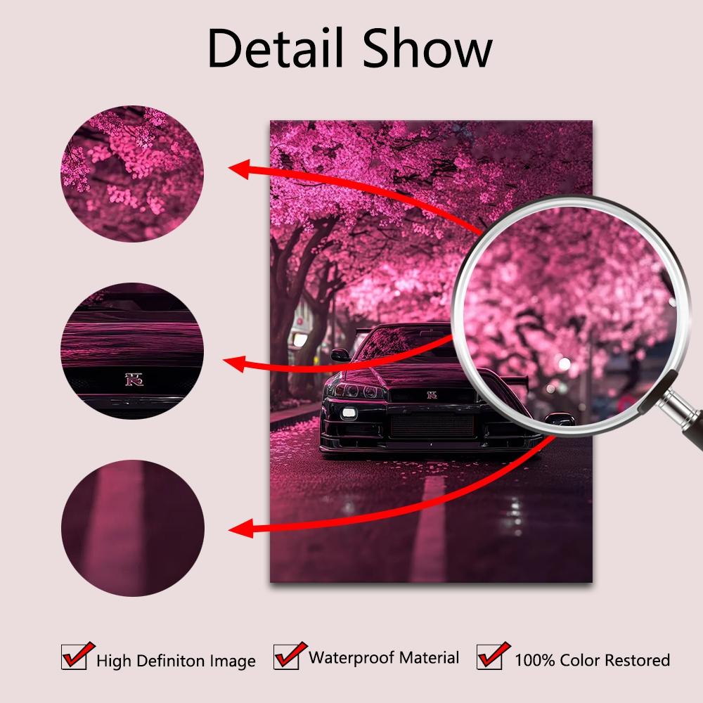 frameless canvas art print posters, Art Work For Wall Decor, realistic vehicle art, classic Japanese sports car R34 Under Cherry Blossoms, perfect gift for JDM vintage car enthusiasts, ideal gift for bedroom, living room,dormitory hallway, wall decoration