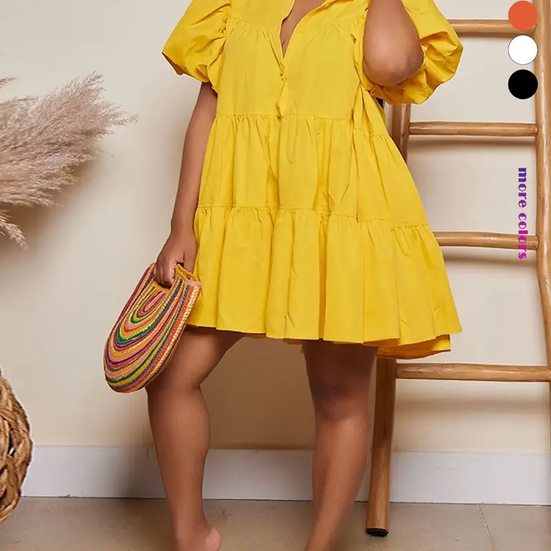 Women's Plain Ruffle Hem Button Front Smock Dress, Casual Puff Sleeve Collared Short Dress for Daily Wear, All-Season Dress, Casual Chic Dress