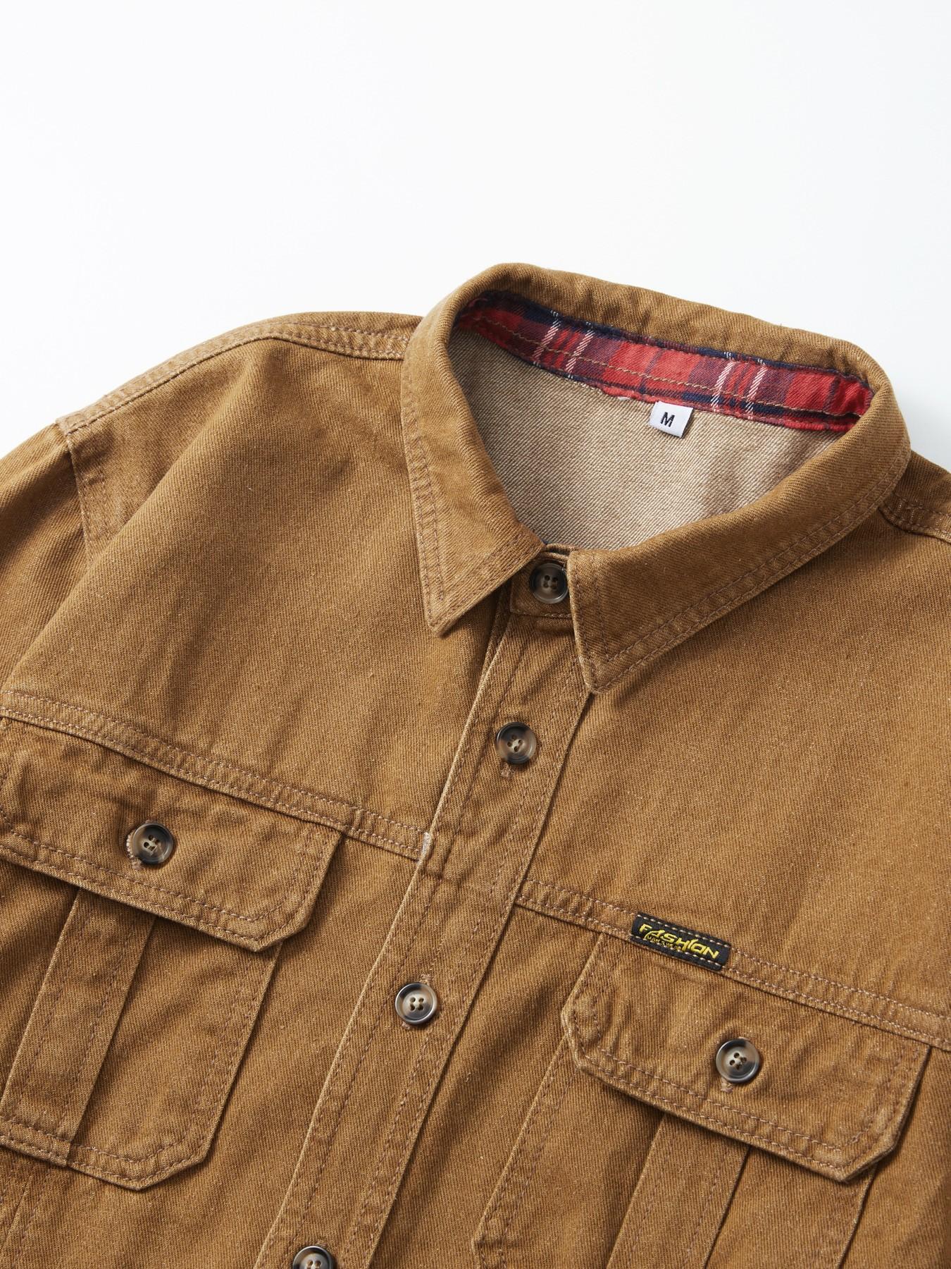 Men's Vintage Fleece Lined Workwear Shirt Jacket, Heavyweight Washed Cotton, Dual Chest Pockets, Copper Buttons, Fall Winter Warm Coat