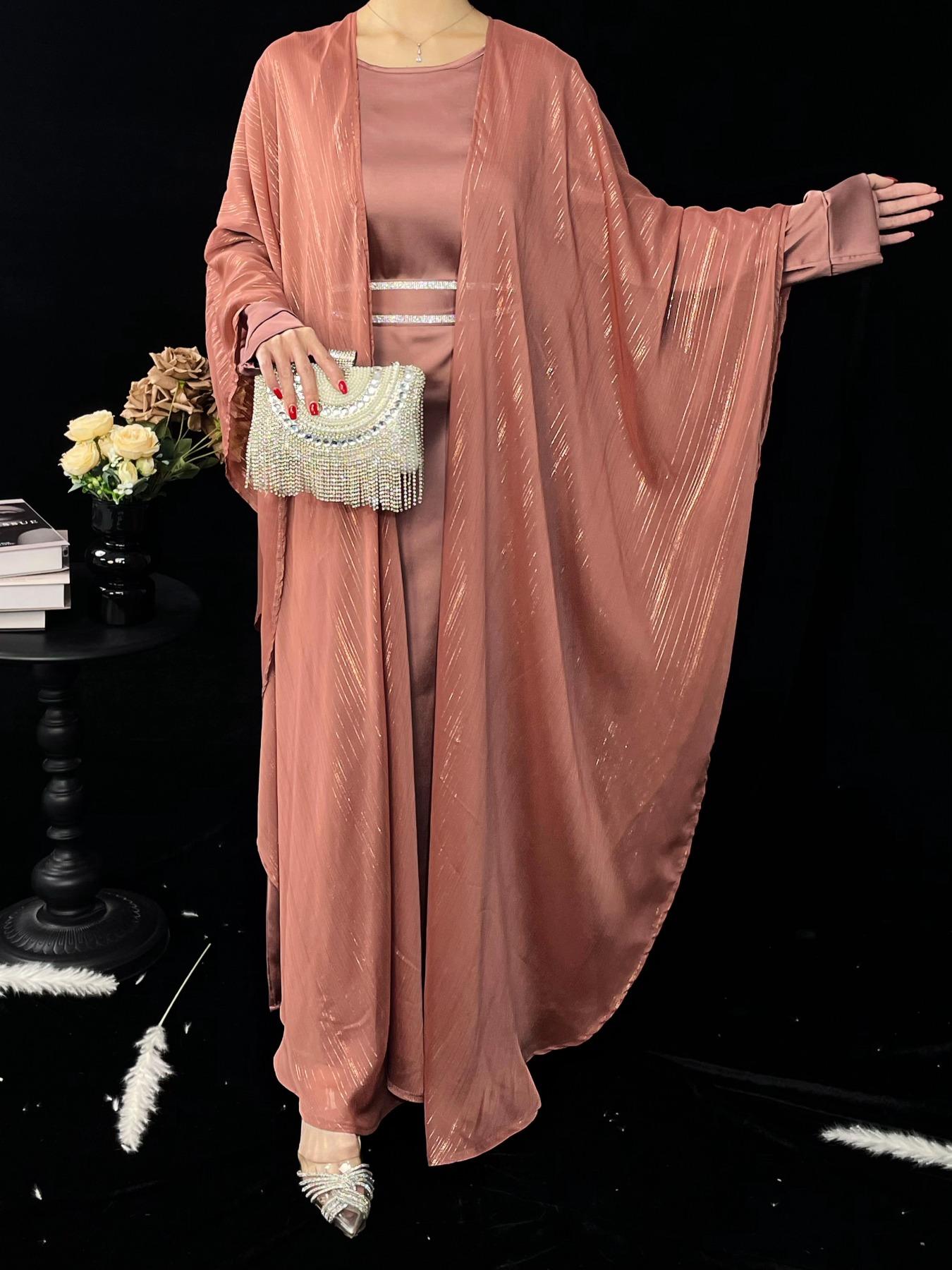 Elegant Fashion Luxury Gold Thread Shawl Dress Set, Round Neck Sparkle Waist Belt Abaya Suit, Three-Piece Stylish, Round Neck Abayas, Belted Abaya