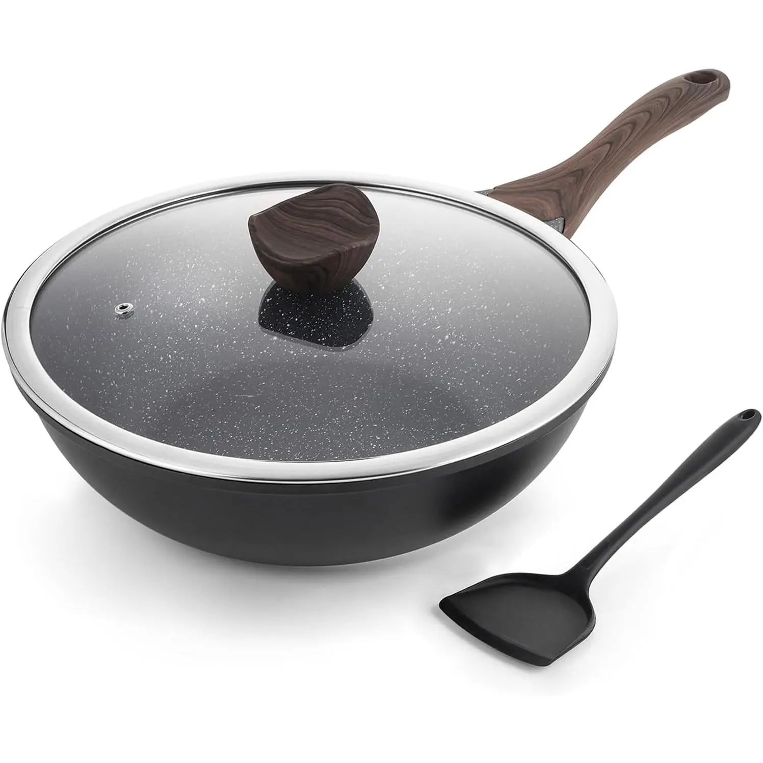 Nonstick Wok with Lid, 12 Inch Woks & Stir-fry Pans, Granite Stone Coating for Cooking, Induction Cookware, Compatible with All Stovetops, PFOA Free