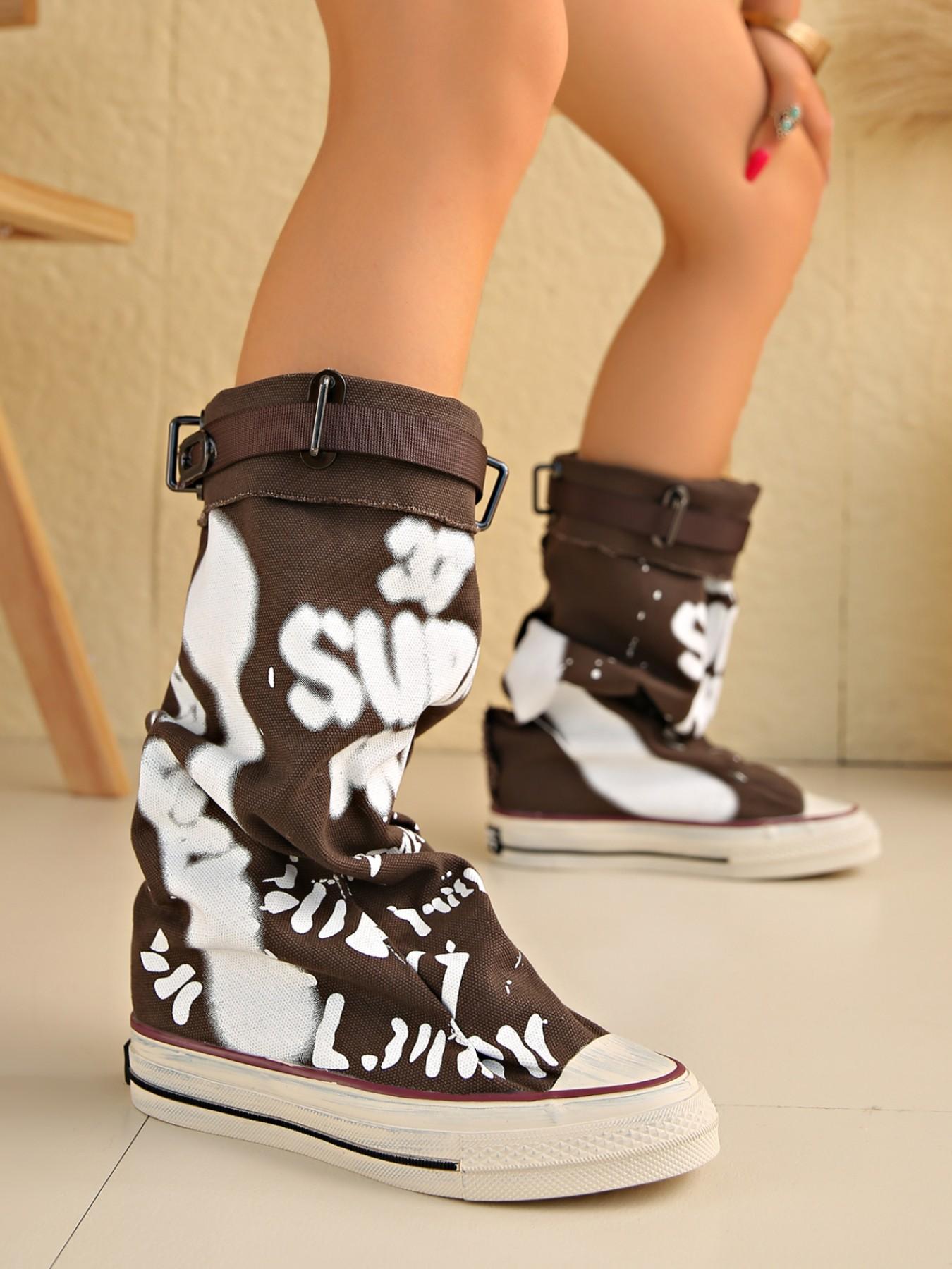 Meadow High Top Sneakers, Letter Graffiti + Buckle Design, Street Style Fullness, Fashionable PU Upper, Rubber Sole, All Seasons