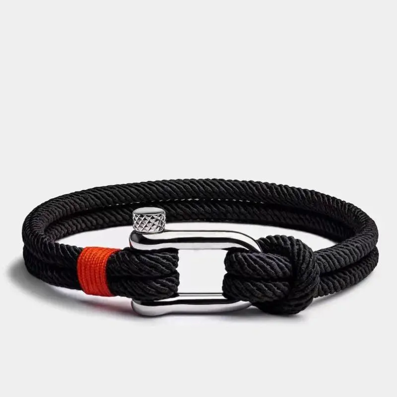 New Men Black Stainless Steel U Shape Survival Bracelet Outdoor Camping Rescue Emergency Shackle Rope Bracelet for Women Gifts