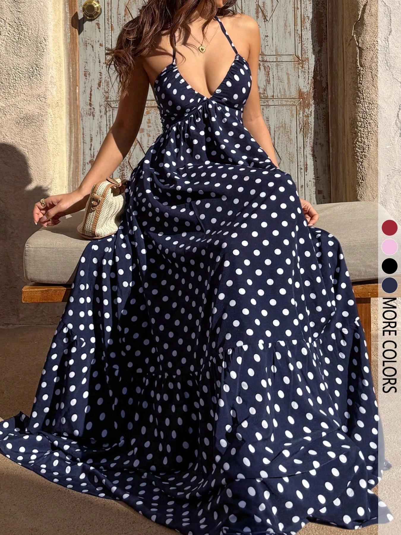 Women's All Over Print Backless Halter Neck Deep V-Neck Summer Beach Vacation Bodycon Dress, Casual Boho Elegant Maxi Long Dress