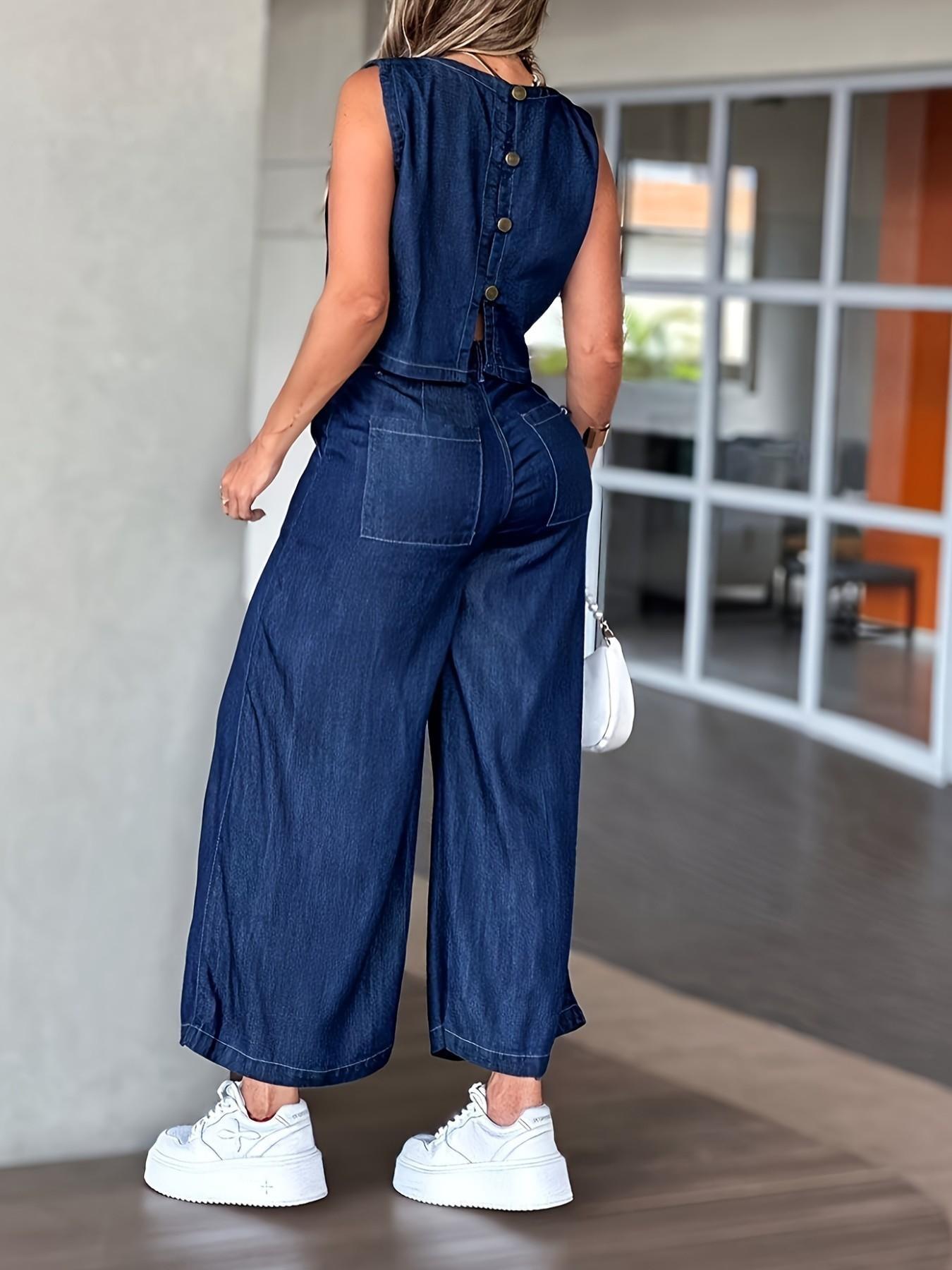 Women's Sleeveless Round Neck Vest & Wide Leg Pants Set, Top, Summer Casual Comfort, Daily Wear, Perfect Choice for Spring & Summer