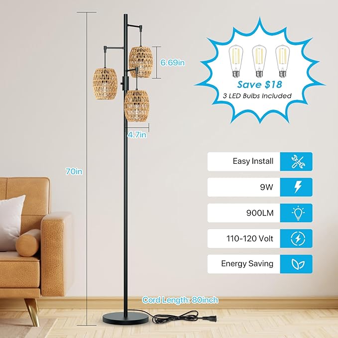 GLITGATE Rustic Standing Lamp with Foot Switch, Dimmable Boho Floor Lamp, 70 Inch Tall Floor Lamp with 3 Rattan Shades, Bohemian Floor Lamps Gracefully Standing for living room, bedroom, dining room, and office