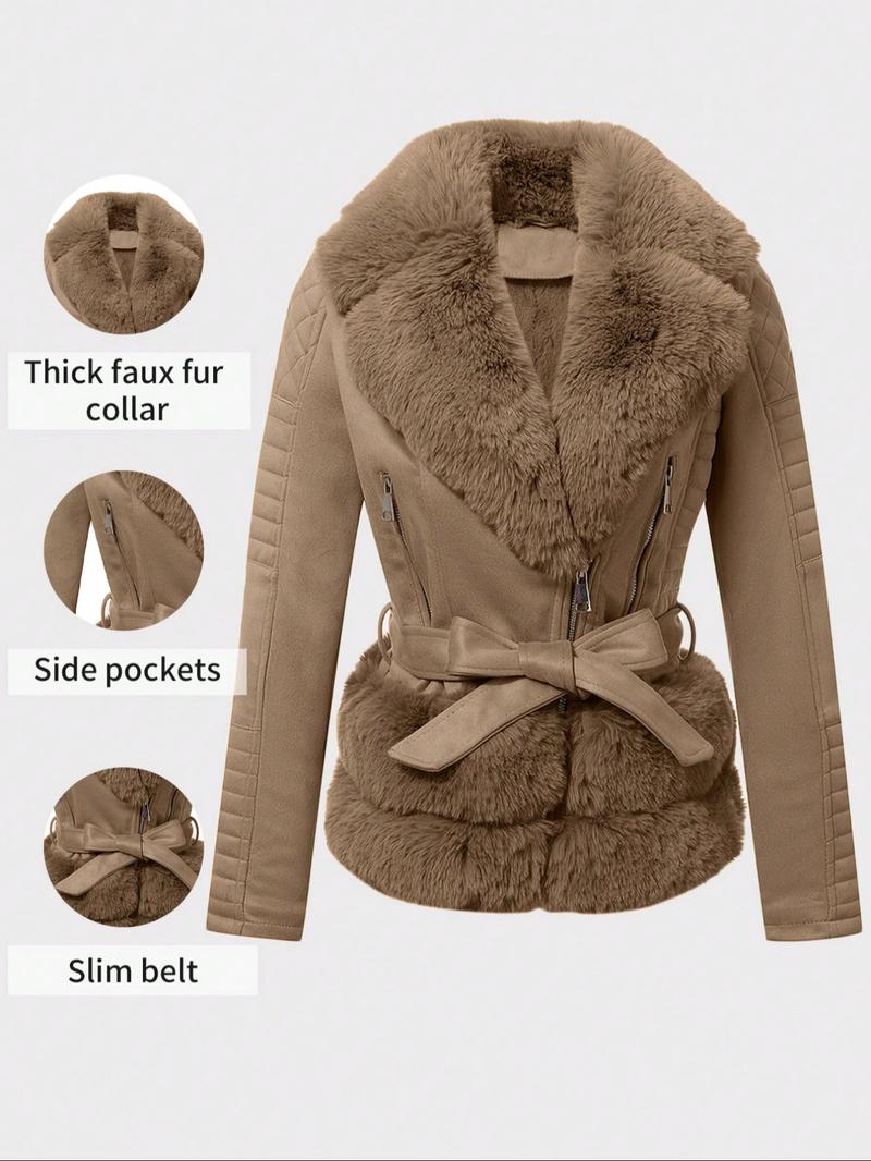 Women's Fall Winter PU Jacket, Vintage Style Fitted Long Sleeve Coat, Warm Daily Wear with Adjustable Waist Belt, Casual Plain Design