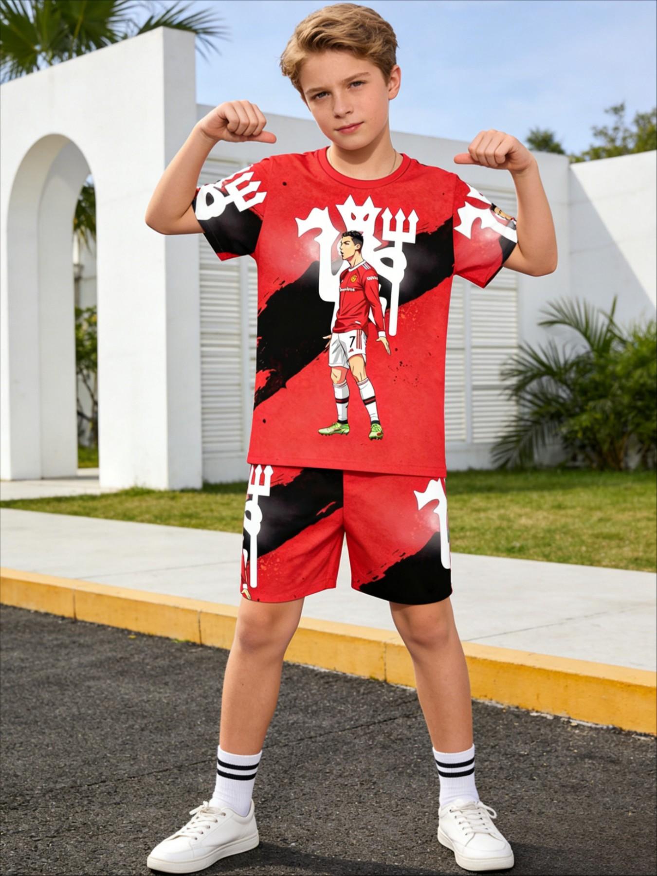 Boys' Colorblock Manchester United Cr7 Anime Print Tee and Track Shorts, Casual Summer, Party, Vacation, School Wear