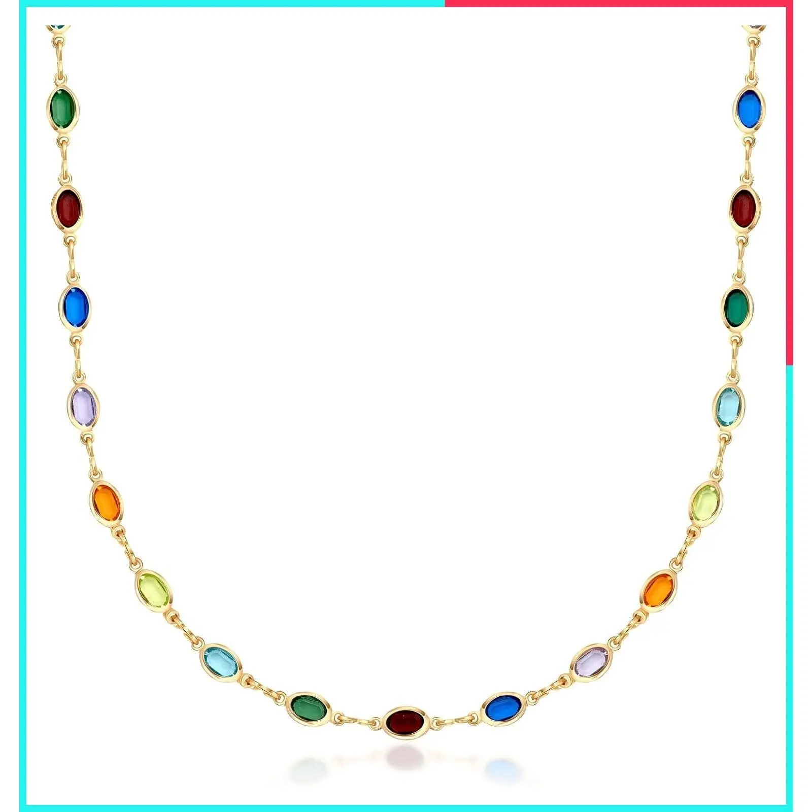 18K Gold Plated Oval Necklace with Multicolor Crystal Stones for Women - Made in Brazil