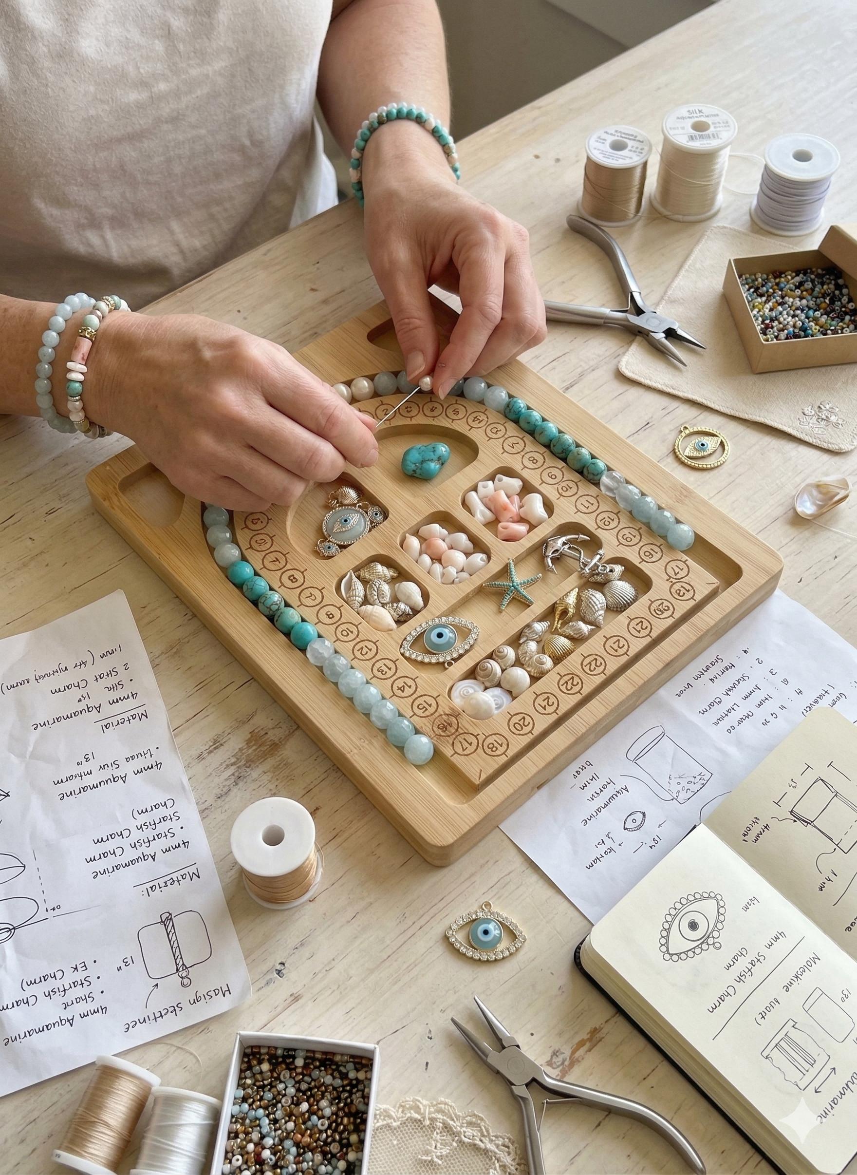 Mini Bamboo Beading Board Portable Jewelry Design Tray for Bracelet Necklace Making Travel Size Pocket Bead Board Organizer DIY Crafting Tool