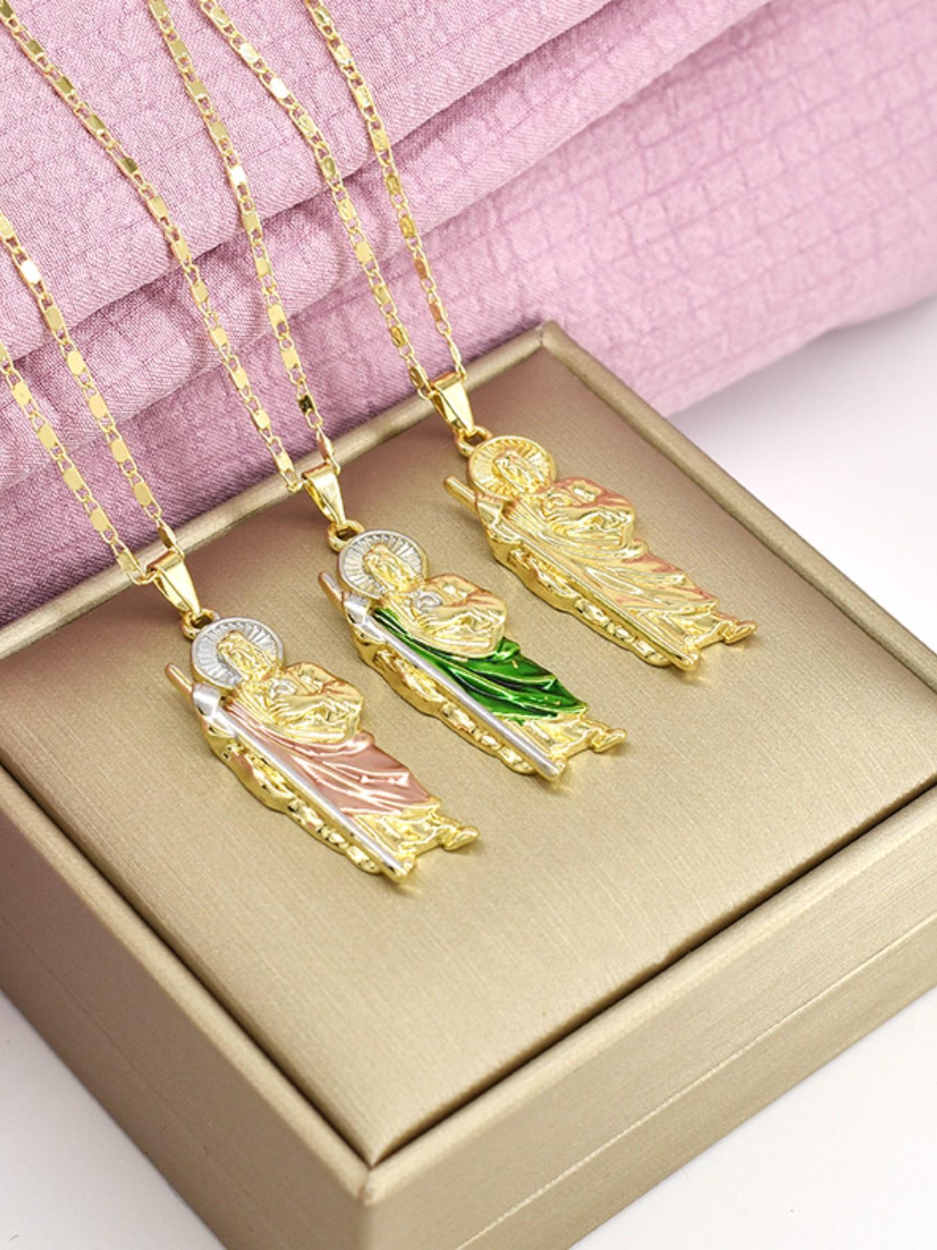 Fashion Hip Hop Saint Judas Necklace, Men's Copper Plated 14k Gold Saint Jude Pendant, 24 Inch Flat Chain, Perfect Gift for All Seasons