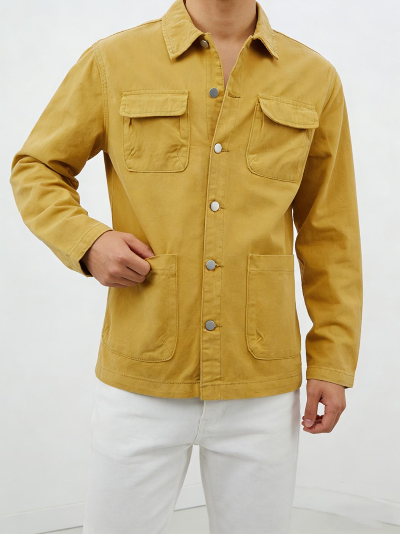 Vintage Mustard Men's Workwear Shirt Jacket, 4 Pockets Metal Button Design, Heavyweight Twill Cotton, Multi-Season City Boy Style