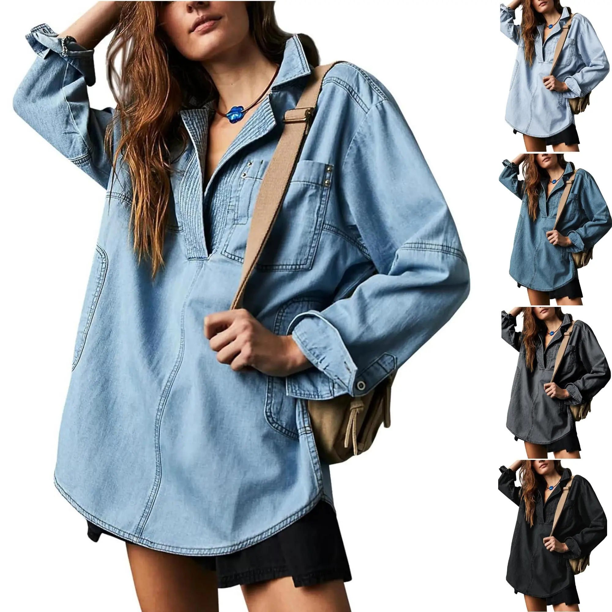 PASLTER Women's Trendy Denim Jean Jacket Coat, Comfortable Casual Chic Long-Sleeve V-Neck Button Pullover with Handy Pockets, Loose Fit 1-Piece Outerwear for Day & Evening Use, S-2XL Easy-to-Style Top
