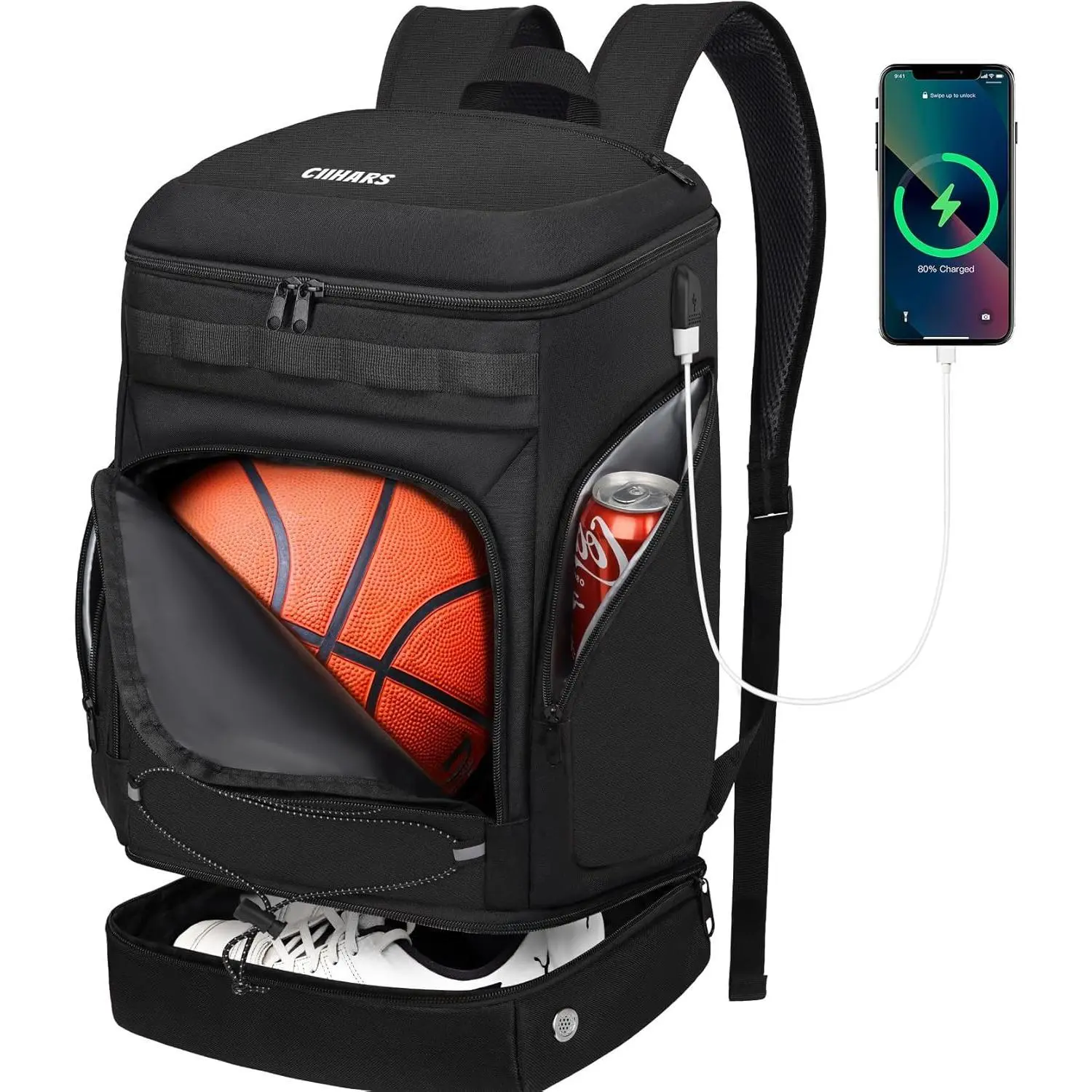Basketball Volleyball Backpack - Large Sports Bag with Separate Ball Holder, Shoes Compartment, Insulation, Charging Port, Ideal for Basketball, Volleyball, Gym & Other Activities, Ball Pocket