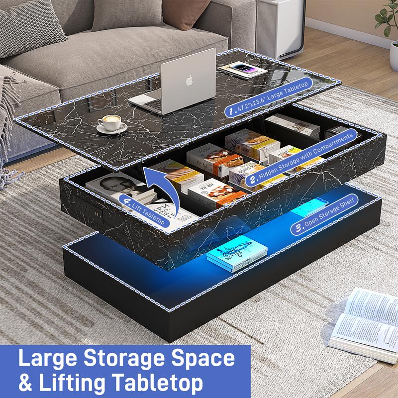 39.4"/47.2" Large Lift Top Coffee Table,Modern High Glossy LED Coffee Tables for Living Room with Storage,Black Living Room Tables for Living Room,Dining Room,Bedroom Home Office,APP LED Lights（Black/white）