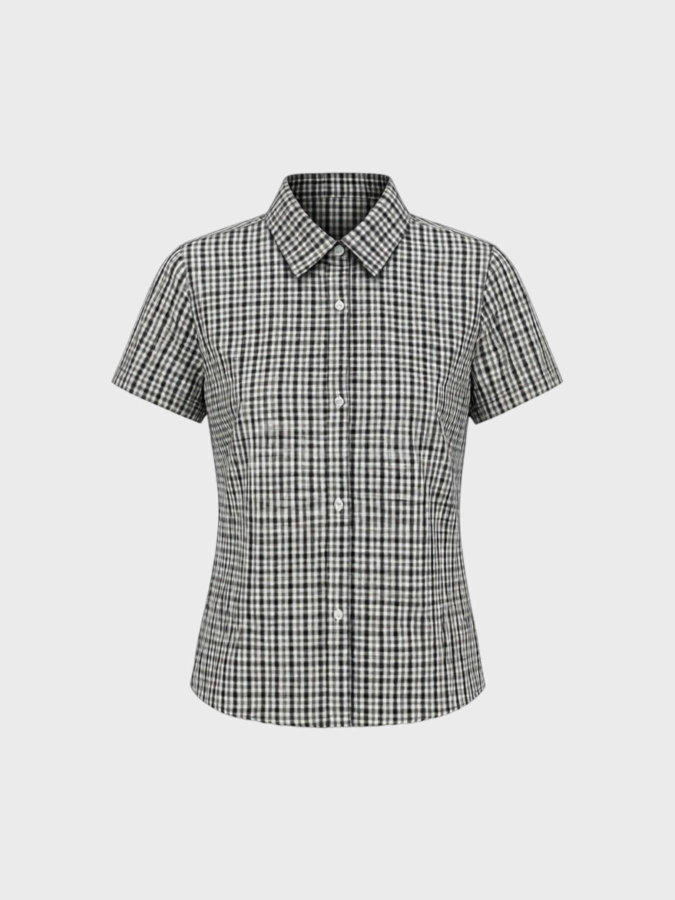 Women's Casual Retro Vintage Plaid Short Sleeve Shirt Blouse, Polo Neck Design, Comfortable Style, Casual Collared Top, Ideal for Daily Wear, Back-To-School Season, Casual Basic Top