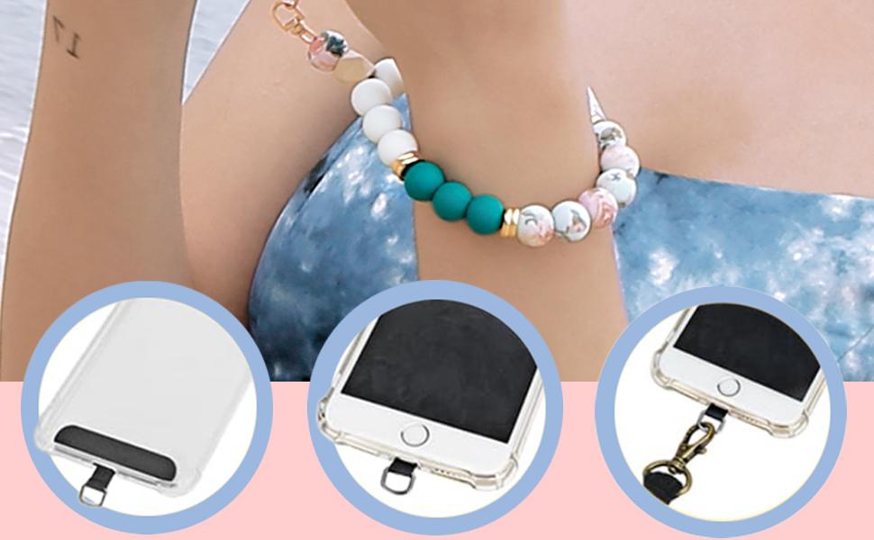 Marble Silicone Beaded Phone Wrist Strap, Cellphone Lanyard with Tether Tab, Elastic Hands-Free Wristlet Bracelet