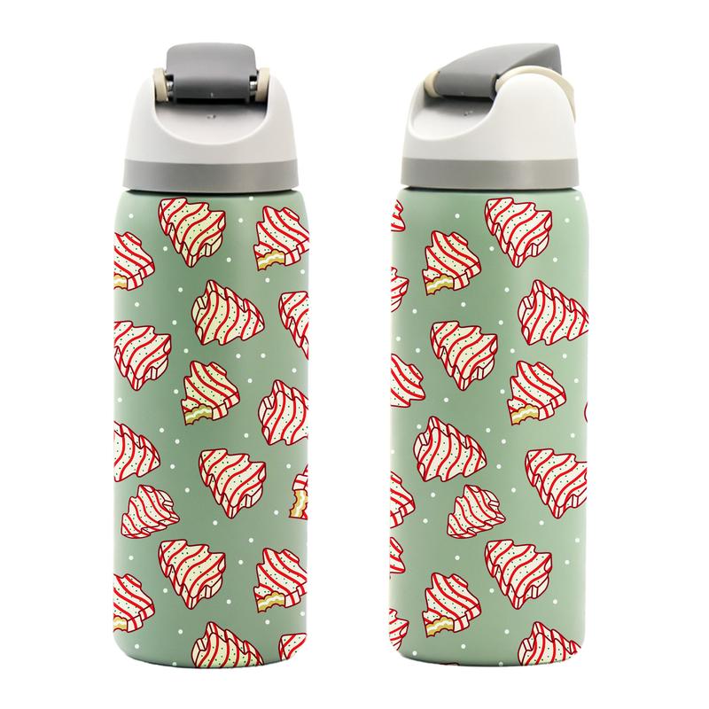 1 Pc19/24/32oz double wall insulated thermal mug, leak-proof skinny vacuum cup, Christmas cake and tree dessert pattern, pink background festive design, keeps hot 12 hours cold 24 hours, perfect gift for women men, holiday travel mug for hot cold drinks