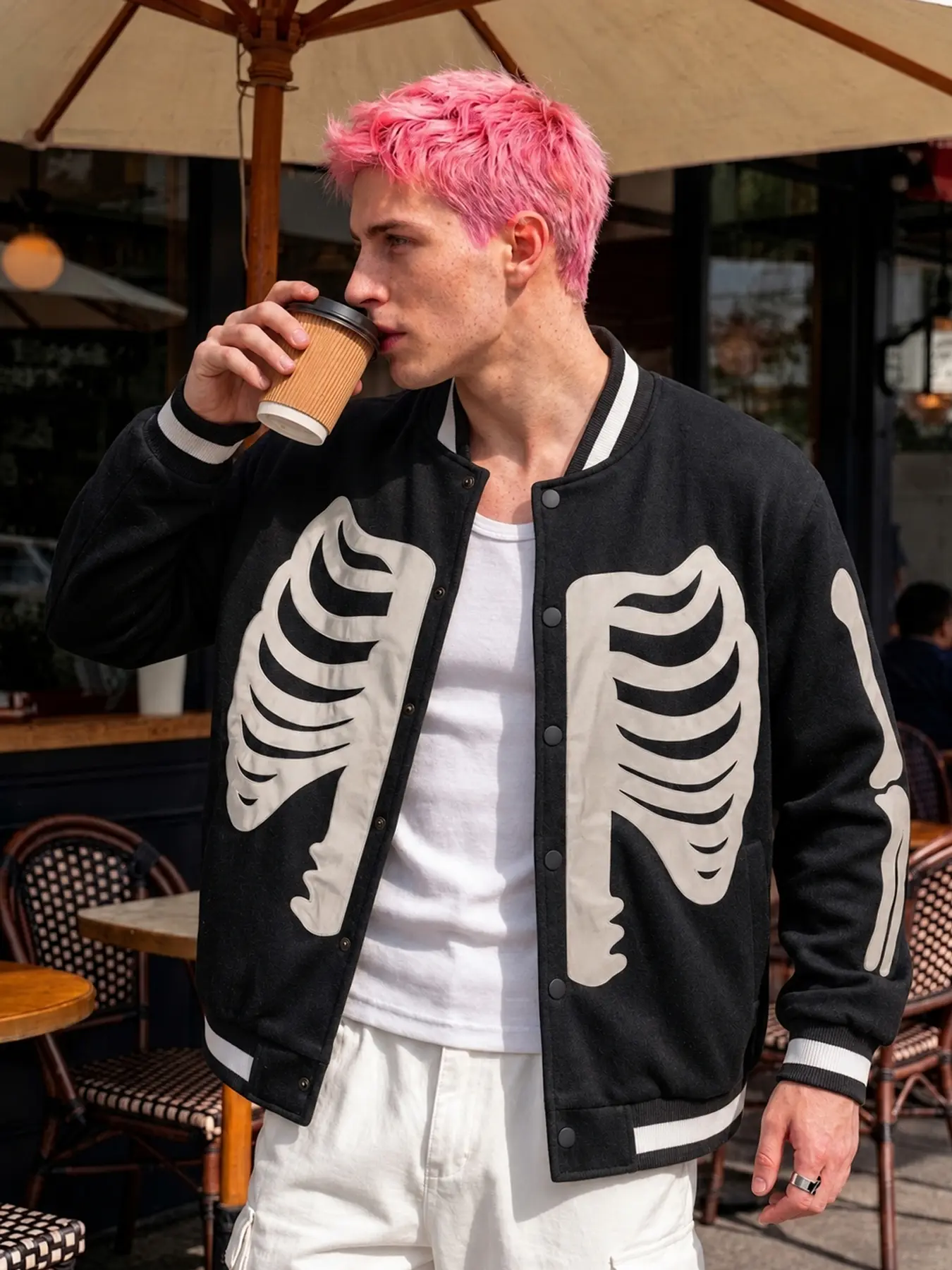 Unisex Loose-Fit Skeleton Print Baseball Jacket, Casual Cartoon Pattern, Plain Surface, Ideal for Everyday Wear, Casual Streetwear Jacket