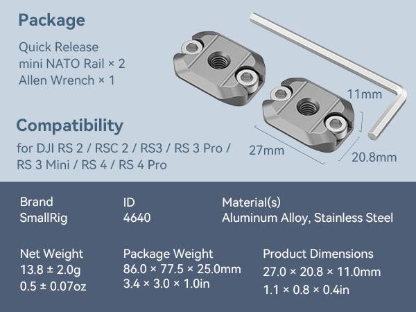 SMALLRIG HawkLock H21 Quick Release Mini NATO Rail for DJI RS 2 / RS2 / RS3 / RS3 Pro / RS3 Mini / RS3 / RS4 Pro Stabilizers - 4640