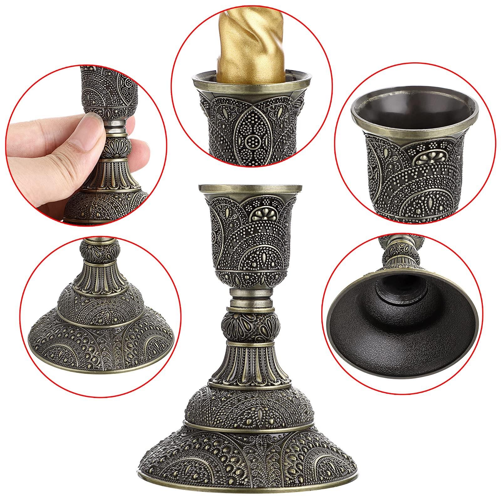 Vintage Bronze Relief Metal Candle Holder Set, 2 Pieces, 3.9 Inches Tall, Intricately Carved, Ideal for Weddings, Formal Dinners, Church, Christmas, Home Decor