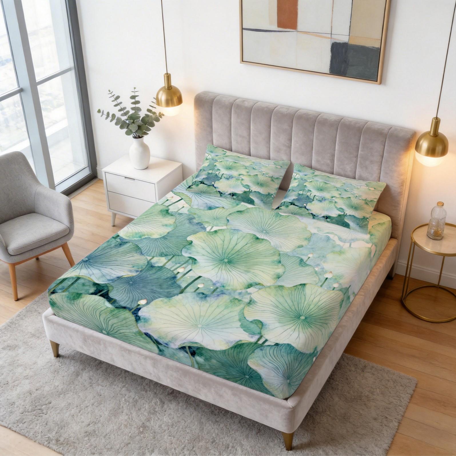 3 Piece Watercolor Lotus Leaf Fitted Sheet Set, Green Lotus HD Digital Print Bedding Set, Soft Breathable Deep Pocket Bed Sheet with Pillowcases for Bedroom & Dorm (Insert Not Included)
