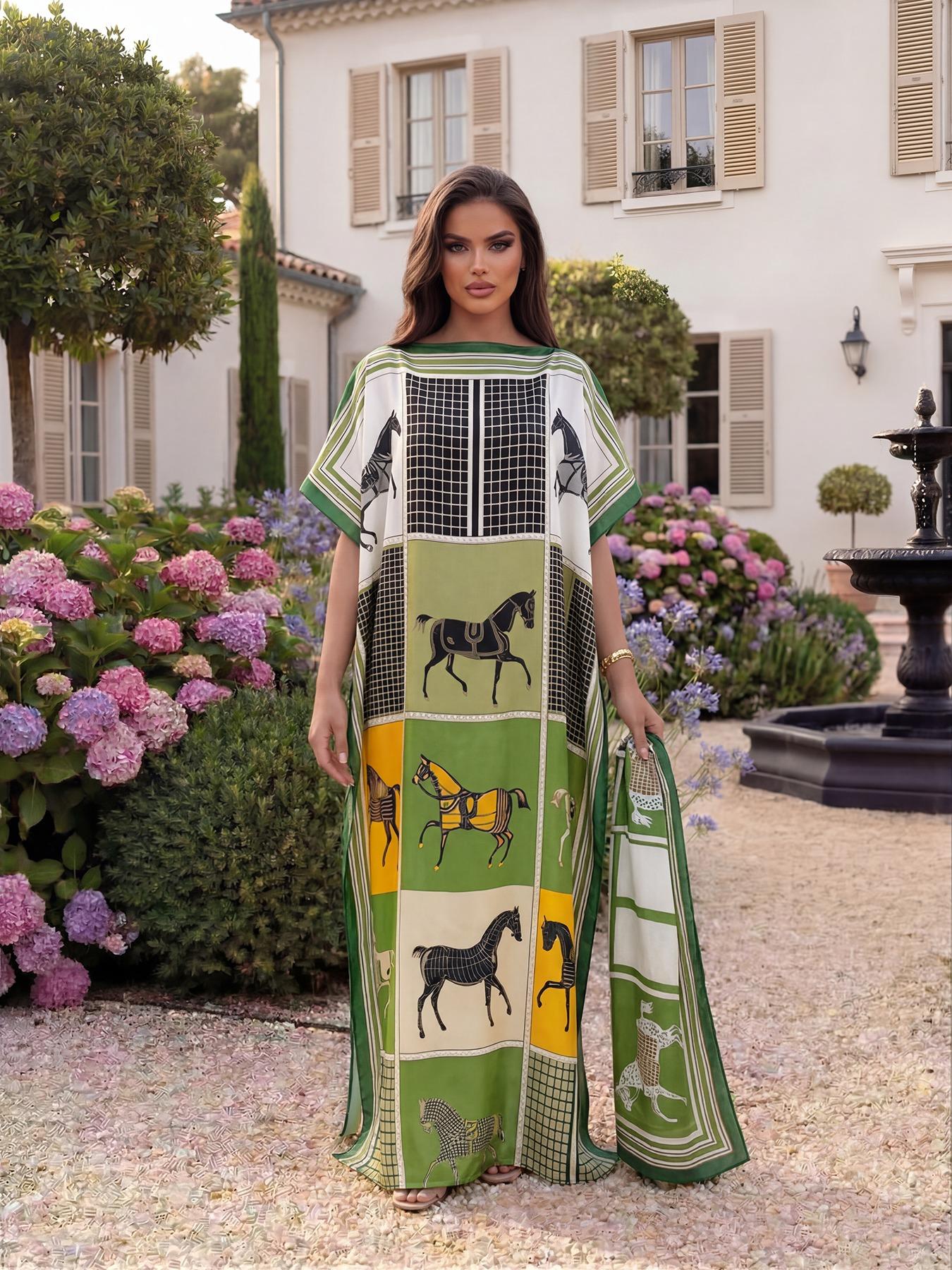 Women's Luxury Equestrian Style Silk Robe Set, Long Cape Dress + Scarf Headband, Beach Outdoor Sun Protection, All Seasons Chic Fashion