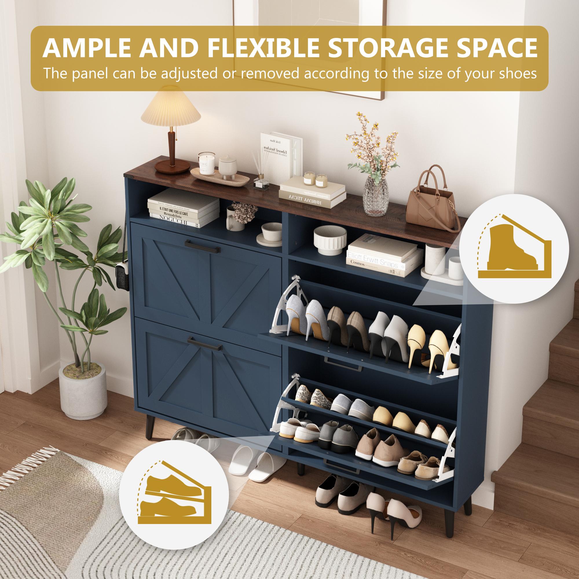 PieDle Furniture Shoe Storage Cabinet,Farmhouse Shoe Organizer with 2-4 Flip Drawers & Barn Door Design,Freestanding Hidden Slim Narrow Shoe Rack Cabinet with Open Storage for Entryway, Foyer,Hallway