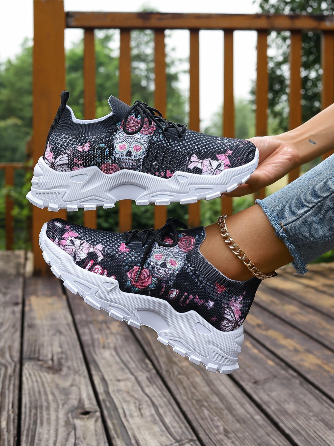 Women's Fashionable Floral Print Lace Up Low Top Sneakers, 2024 New Style Casual Comfortable Breathable Sports Running Shoes, All-match Basic Shoes for Daily Wear