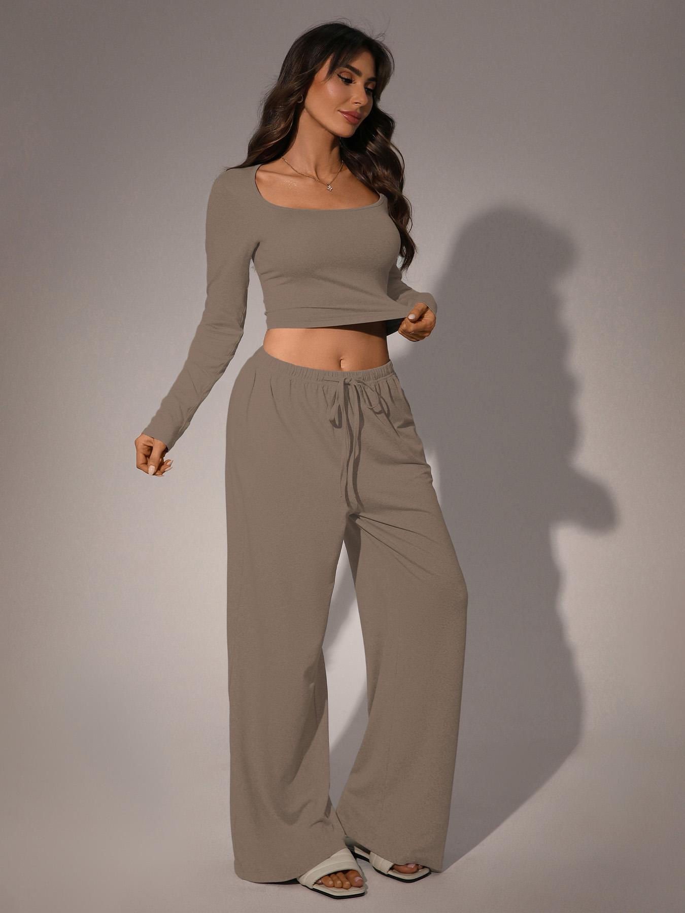 Women's Long Sleeve Square Neck Loungewear Set, Casual Loose Fit Home Wear, All Seasons Soft Comfortable Fabric, 2026 New Arrival