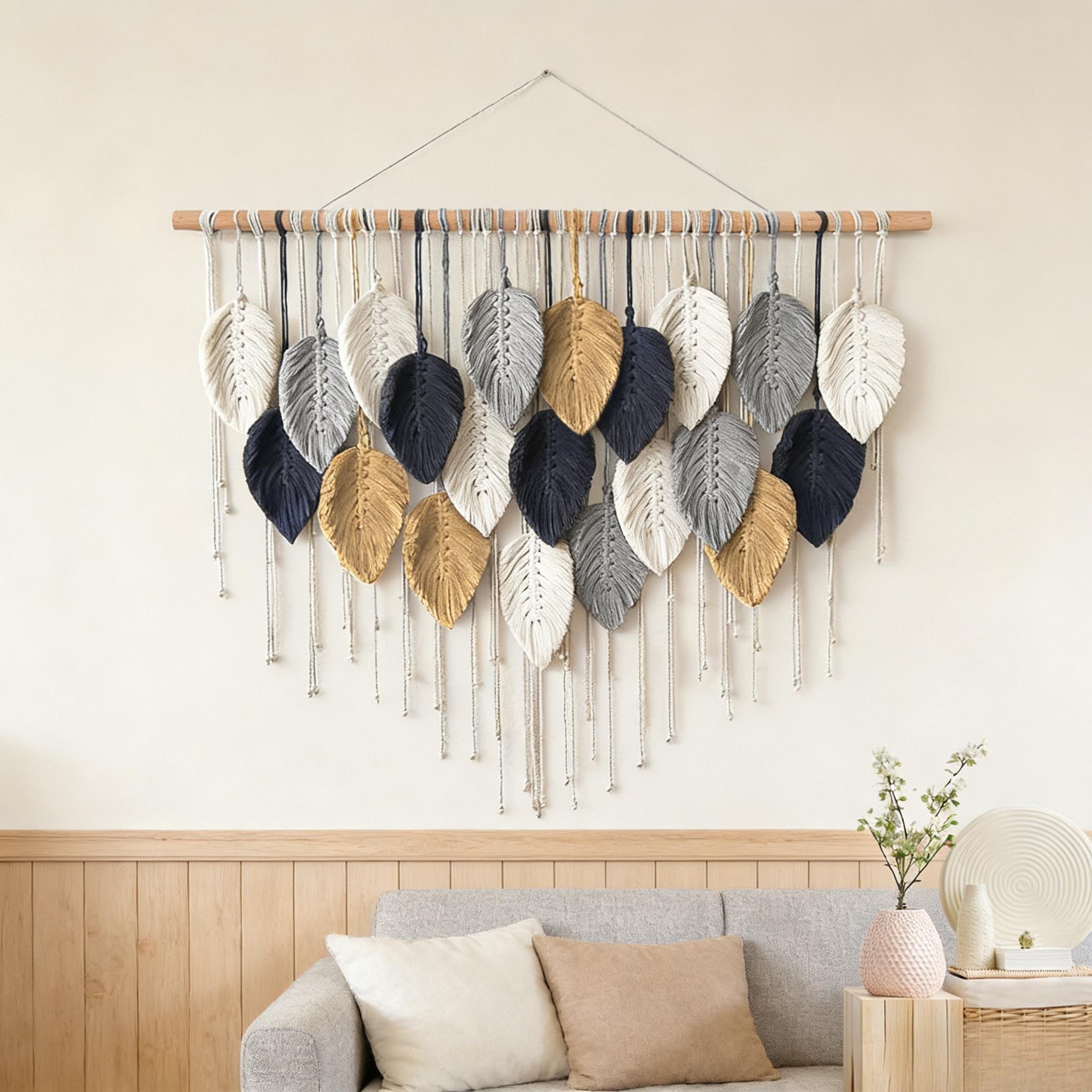 Large Handmade Leaf Fringe Wall Hangings, Bohemian Style Macrame Wall Decor, Wooden Stick Wall Art, Bed Headboard Decoration, Above Bed Wall Decor