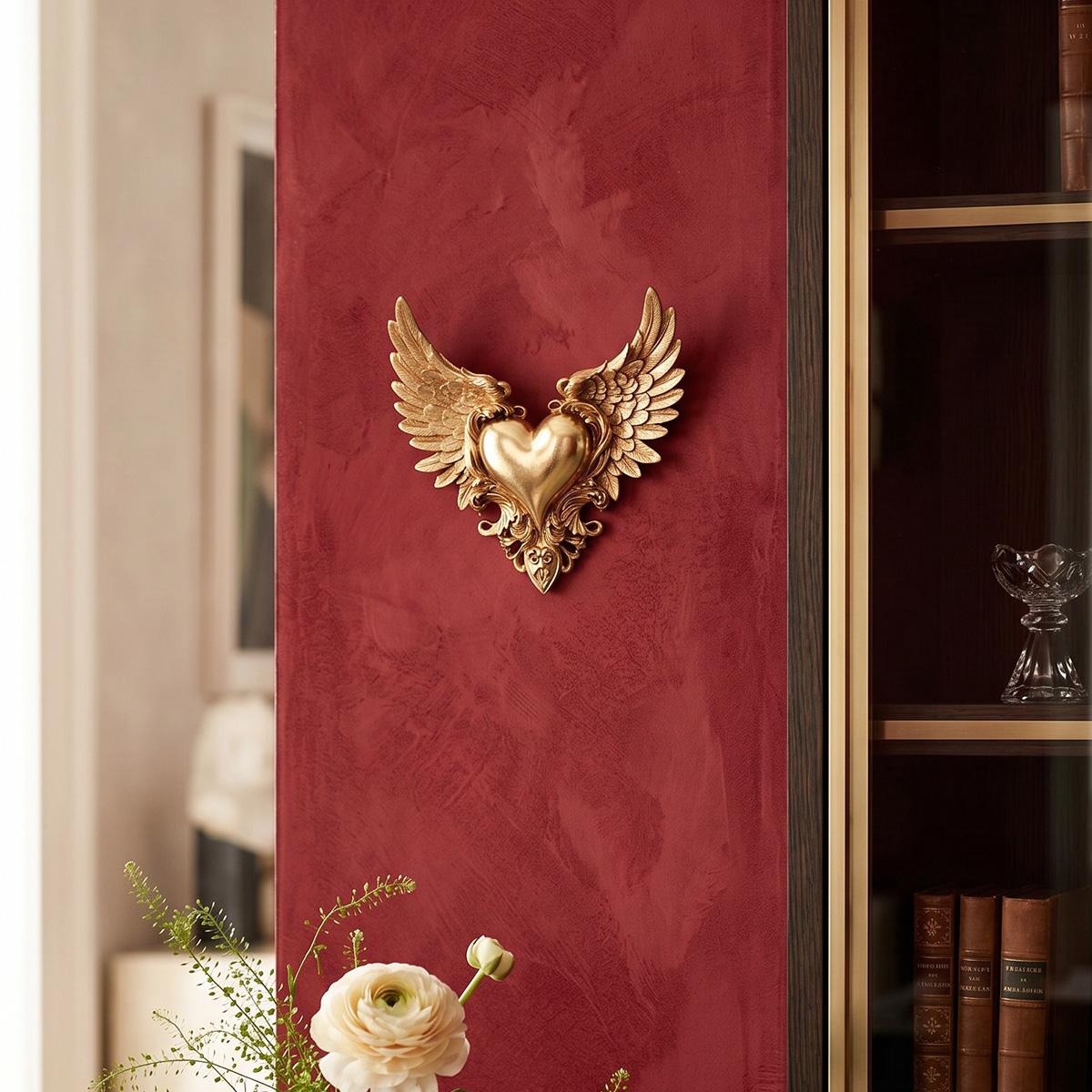 European Gold Resin Heart Wing Wall Hanging Decor, Living Room Entryway Wall Ornament, Contemporary Style, Home Wall Decor, Sofa Background Wall Decoration