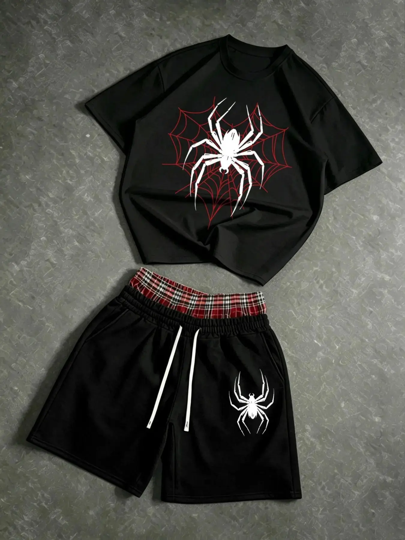 2Pcs Set Outfit Men Y2K Spider Web Short Sleeve T-Shirt and Plaid Layered Shorts Set for Unisex Summer Streetwear