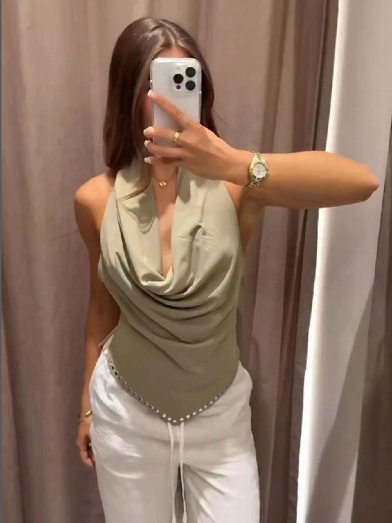 Backless Top with Adjustable Buckle Closure, Soft Flowy Fabric, Round Neck Design, Casual Daily Wear, Holiday