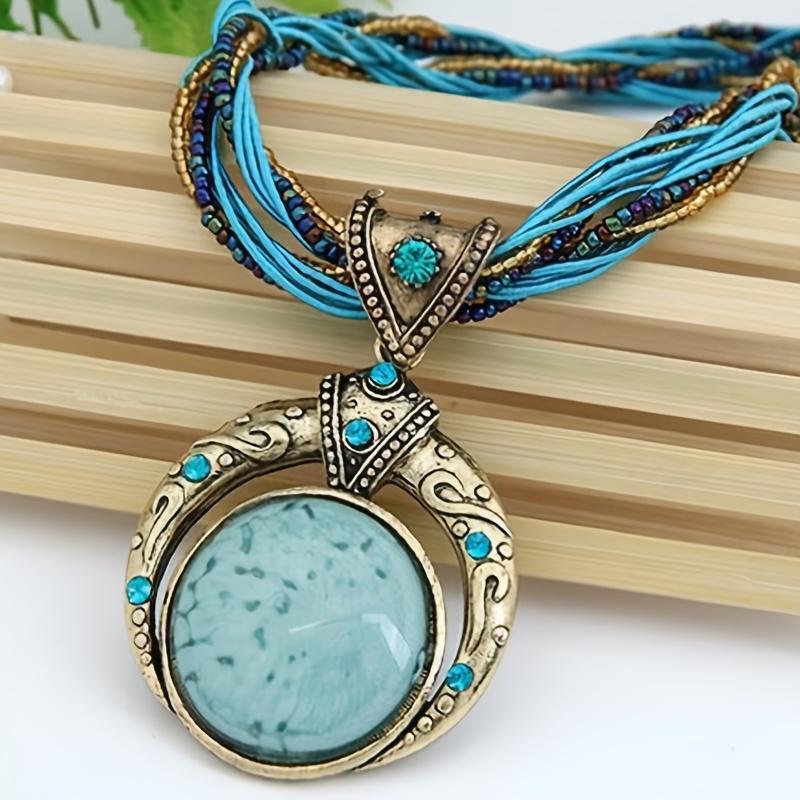 1Pc Elegant Classic Handmade Bohemian Pendant Necklace, Round Faux Gem Alloy Jewelry, Fashion Accessories for Women, Suitable for Party, Festival & All Seasons