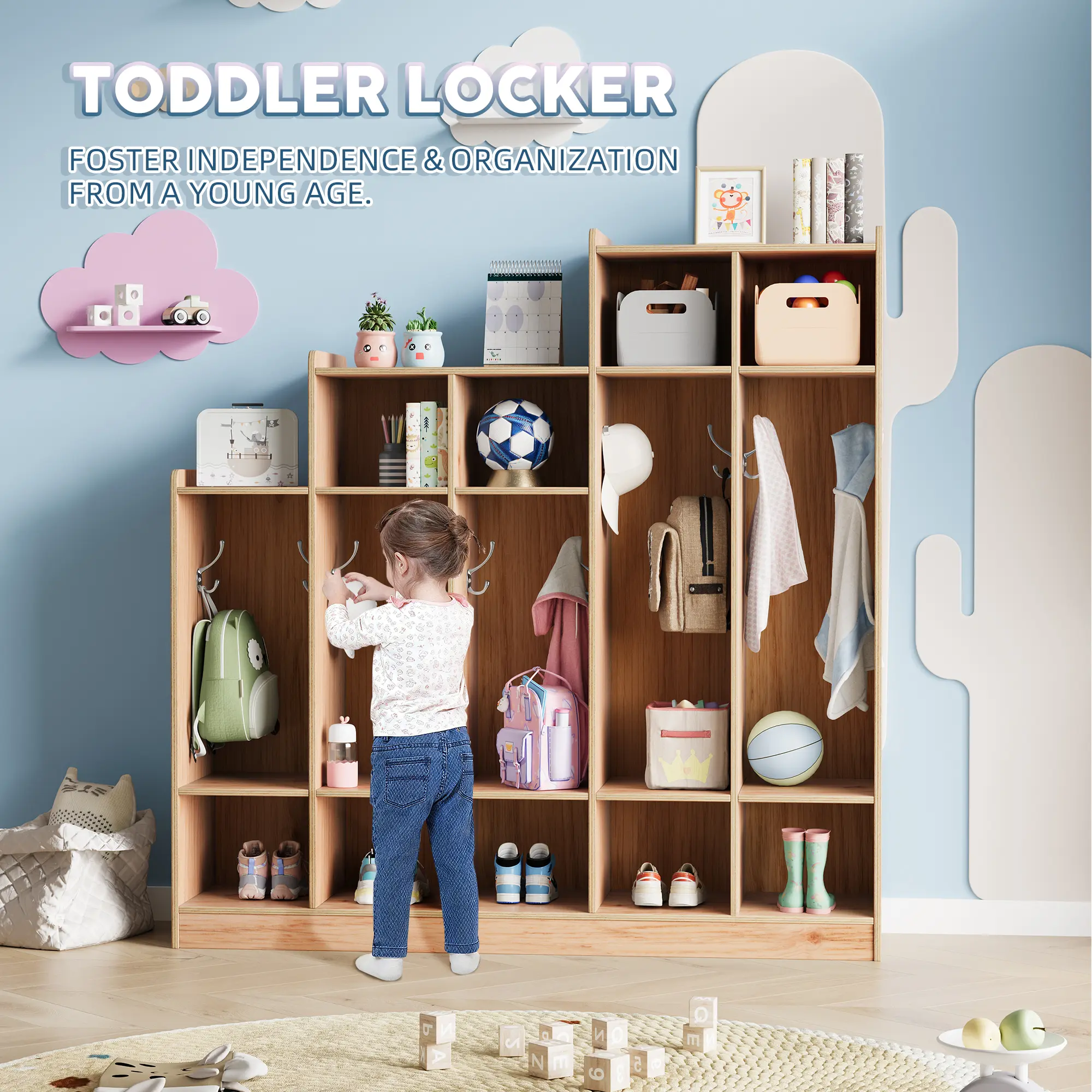 Child-Safe Multi-Section Kids Coat Locker – 5 Compartments, 9 Storage Cubbies, 10 Hooks – Wooden Organizer Cabinet for Nursery, Entryway, Daycare – Anti-Tip & Safe Furniture