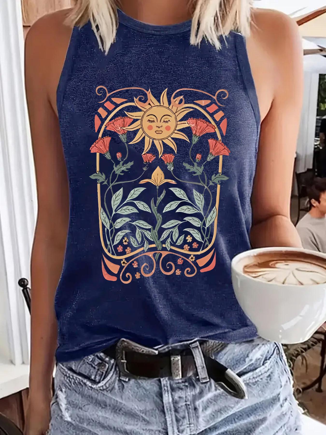 Women's Floral & Sun Print Round Neck Tank Top, Boho Sleeveless Crew Neck Top for Summer, Ladies Clothes for Daily Wear