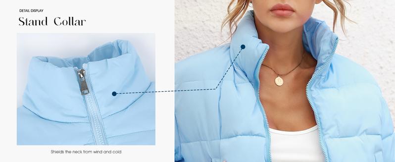 SHEEN Women's Winter Cropped Puffer Jacket Warm Full Zip Quilted Jacket Long Sleeve Padded Coats Stand Collar Outerwear
