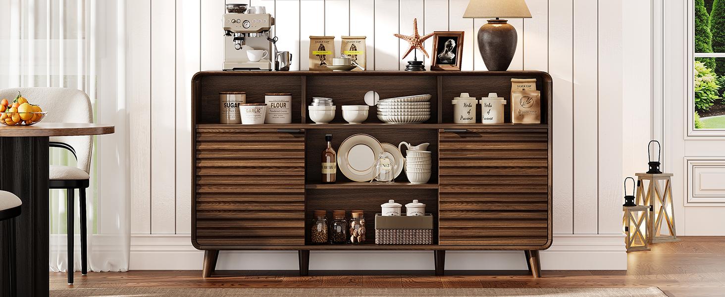 【SPOTLIGHT DAY】ONBRILL 58 Inch Curved Sideboard Buffet Cabinet w/2 Wave Doors and Open Storage Spaces, Angled Side Frame, Sideboard Storage with Adjustable Shelves, Coffee Bar Cabinet for Dining Room, Living Room 【SPOTLIGHT DAY】ONBRILL 58 Inch Curved Sideboard Buffet Cabinet w/2 Wave Doors and Open Storage Spaces, Angled Side Frame, Sideboard Storage with Adjustable Shelves, Coffee Bar Cabinet for Dining Room, Living Room