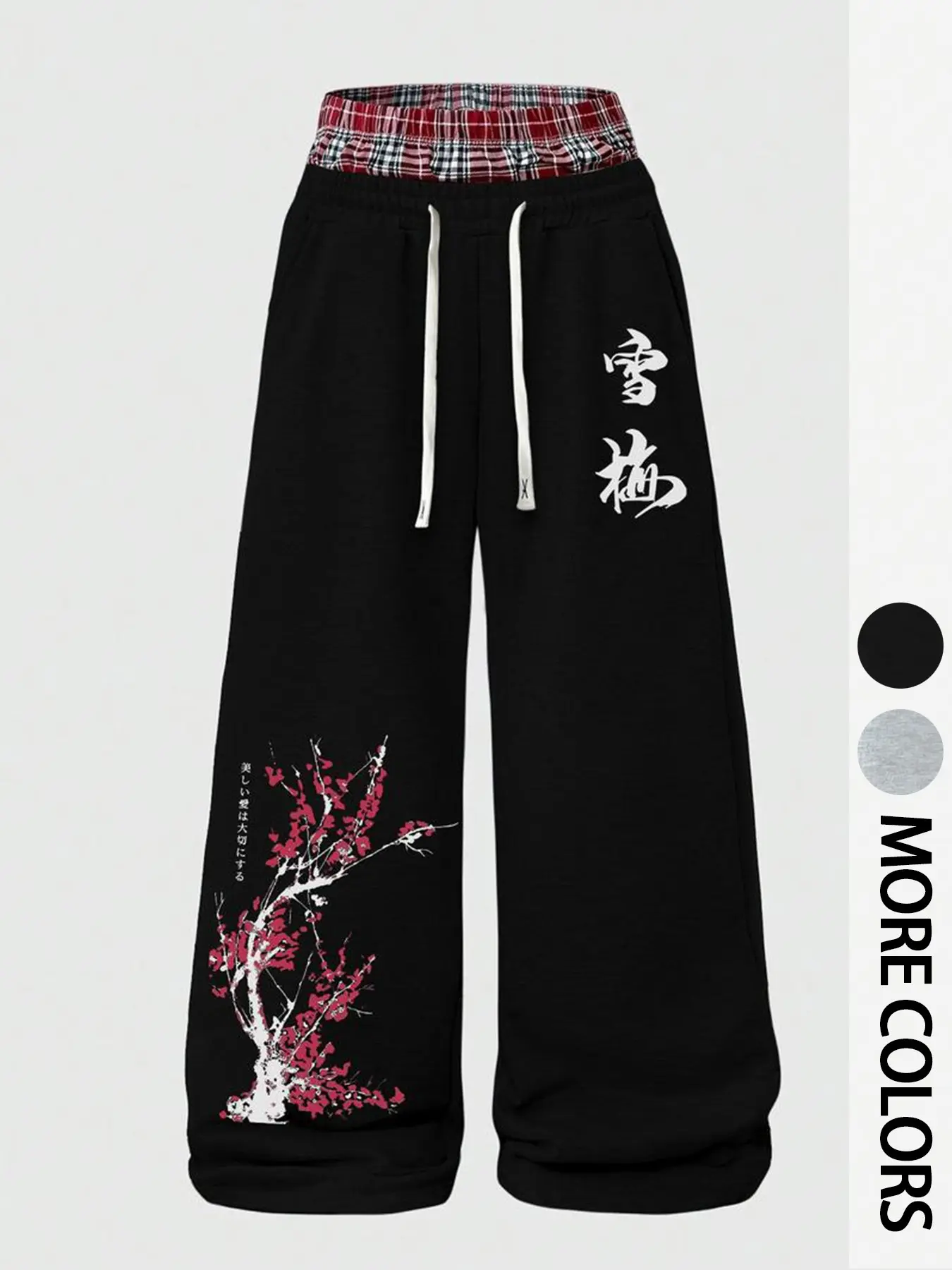 Street Style Plaid Patchwork Sweatpants, Unique Letter Cherry Blossom Print, Comfortable Breathable Fabric, All Seasons Loose-Fit Trousers
