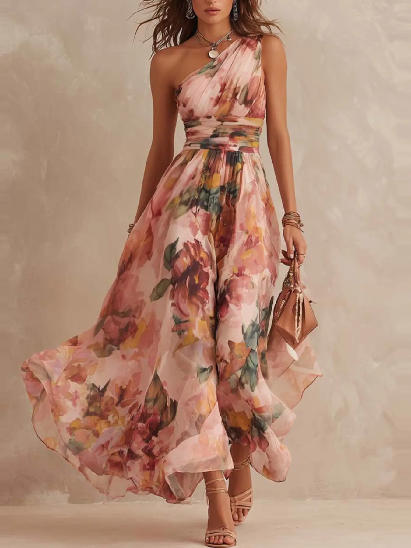Elegant Asymmetrical Sleeveless Long Dress, Digital Floral Print Summer New Arrival, Women's Fashionable Midi Dress, Perfect for Daily Wear