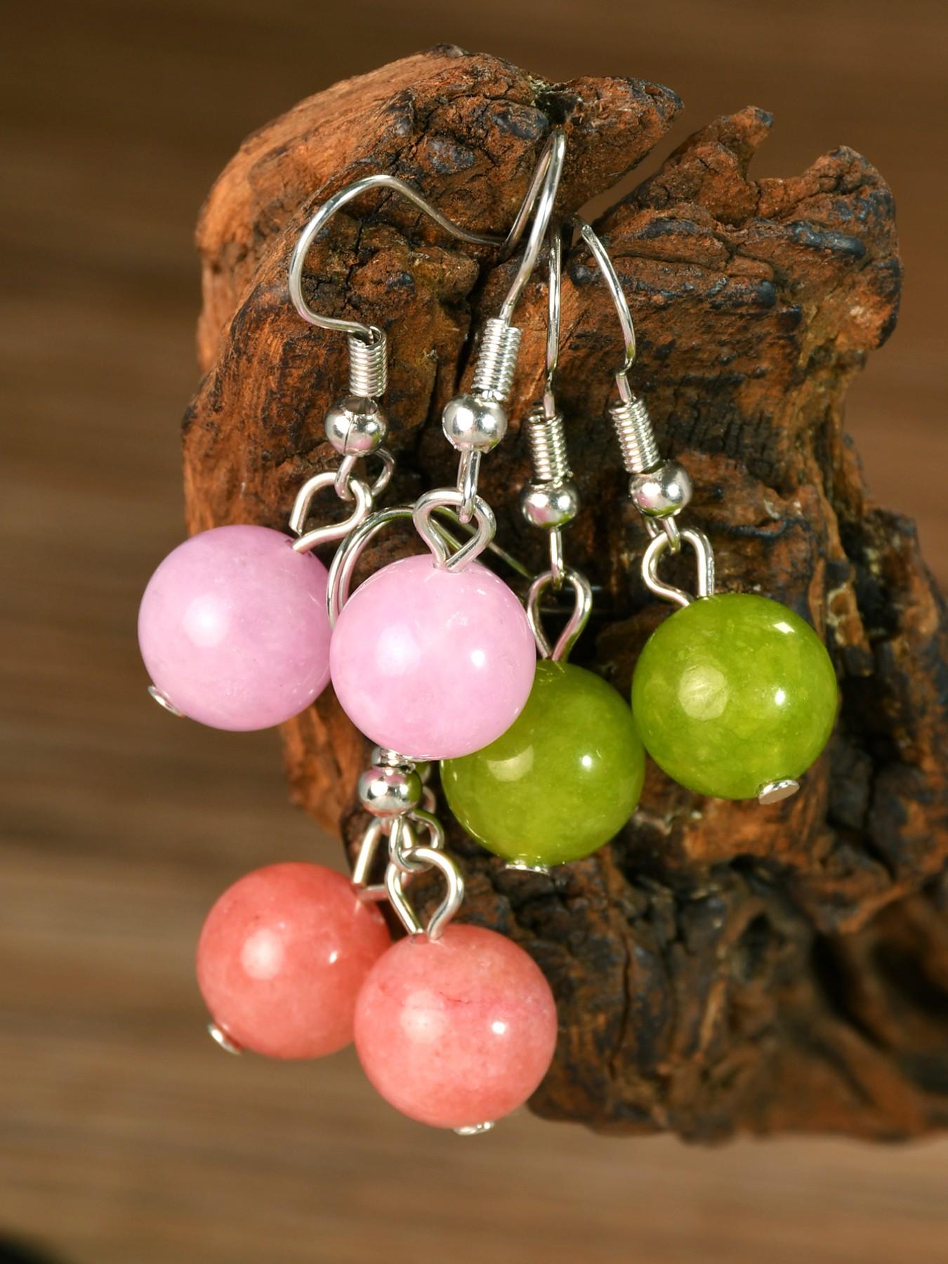 3 Pairs Fashion Natural Stone Earrings, Summer Fresh Peridot & Lavender Quartz & Sunstone, Round Bead Dangle Jewelry, Vacation Accessories