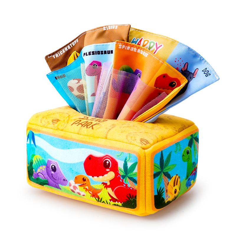 1count Baby Tissue Box - Montessori Infant Toys 5 Months Baby Tissue Box Learning Toy, Infant And Toddler Educational Toys With 3 Rattle Cloths And 10 Saran Wraps