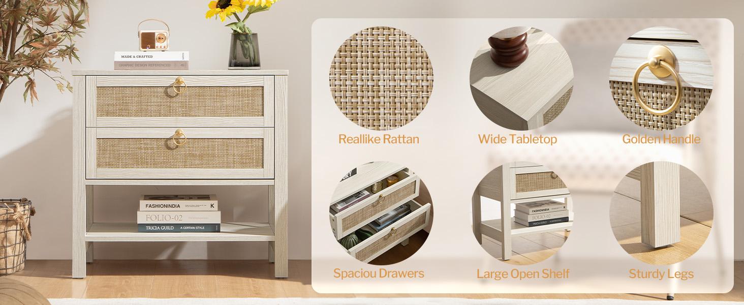 SICOTAS White Night Stand with Drawers and Storage Shelf - 15.5" x 26.7" x 25.6" Size Large Nightstands Rattan Decor Boho Bedside Table Narrow Side Table for  Small Space Bedroom Living Room Office, Ample Storage