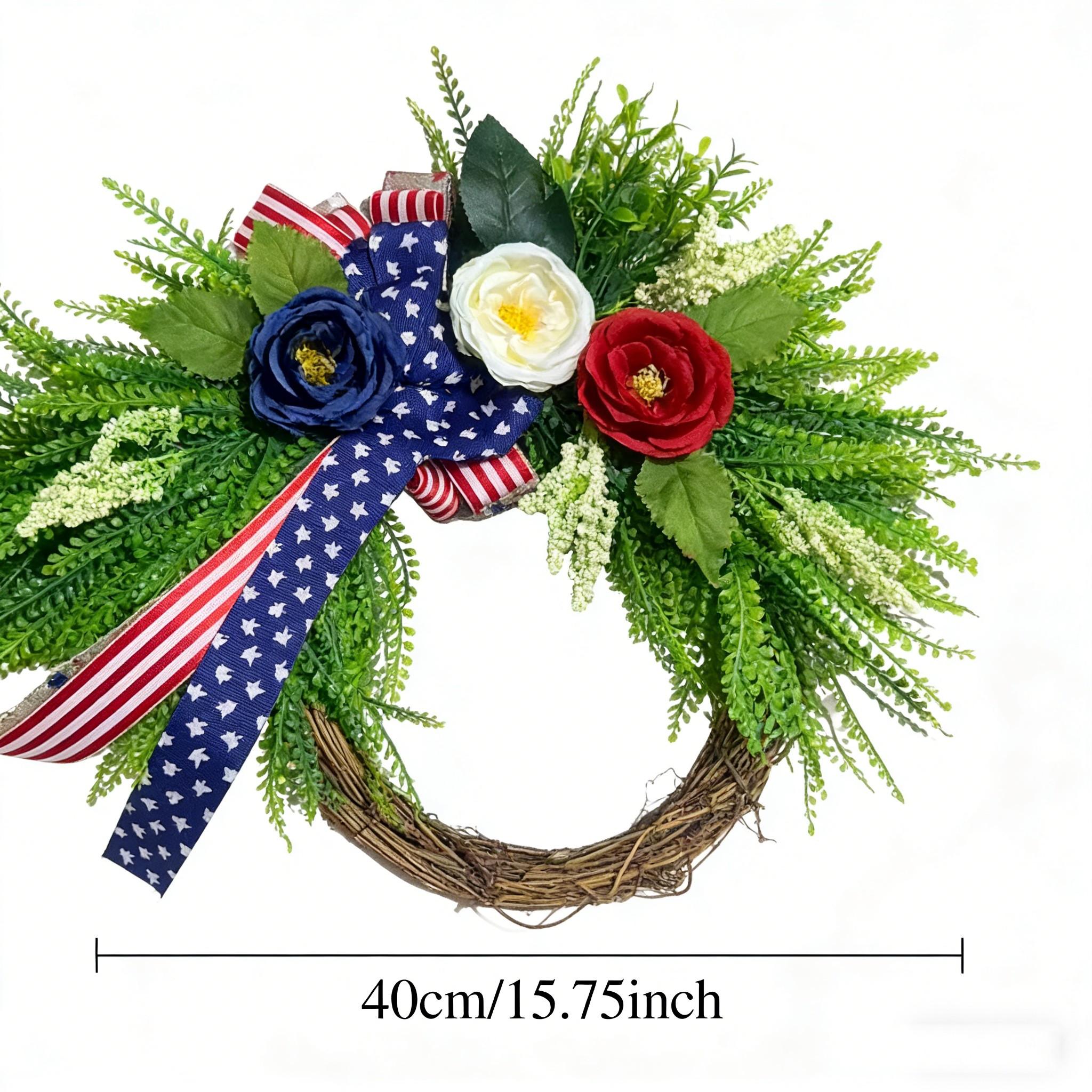 Elegant Patriotic Wreath Decor, Blue Floral Design with American Flag Bow, Memorial Day and Veterans Day Porch Decoration
