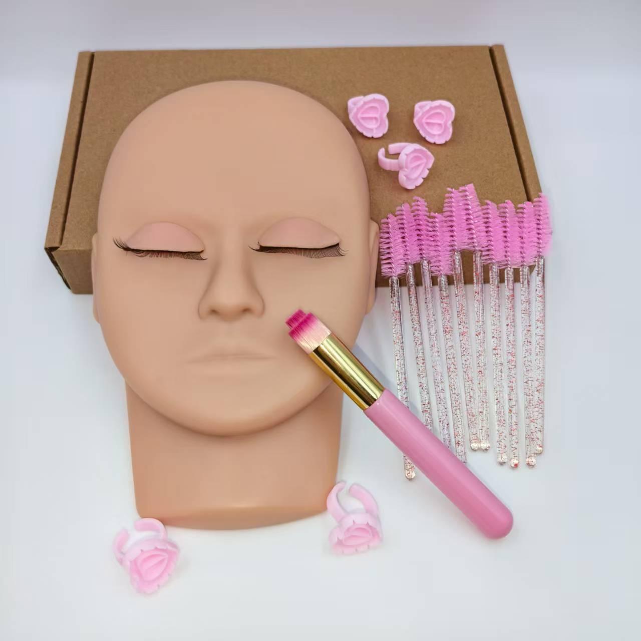 Portable False Eyelash Practice Head Model Kit, Detachable Eye Module, Small Portable Lashes Practice Model, 10 Brushes, 5 Glue Rings, Cleaning Brush